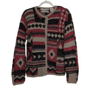 David Brooks Hand Knit Cardigan Womens Size Small Beige Red Silk Blend Patchwork